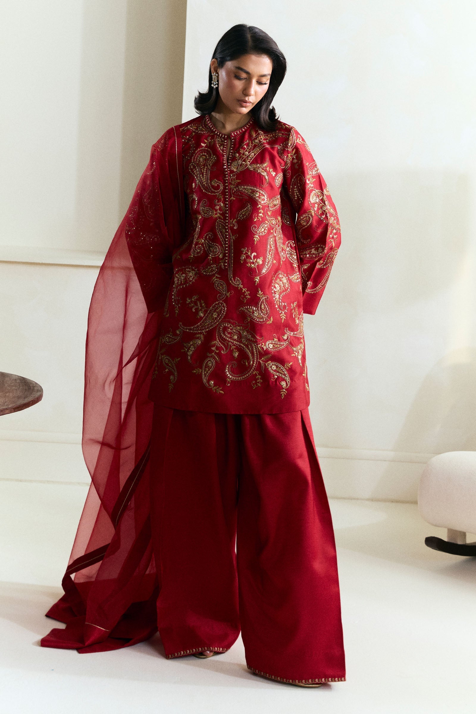 Pakistani Scarlet Red Embroidered Raw Silk Salwar Kameez (3-Piece) - Image 1