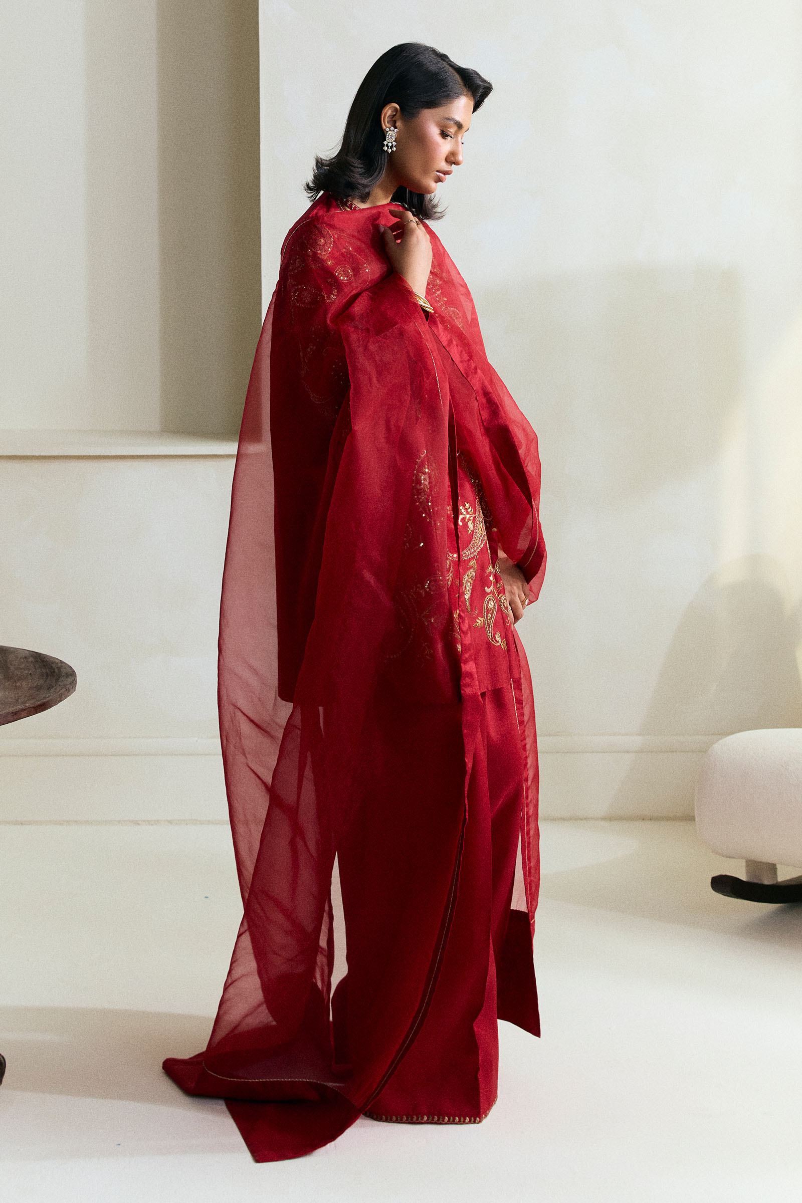 Pakistani Scarlet Red Embroidered Raw Silk Salwar Kameez (3-Piece) - Image 2