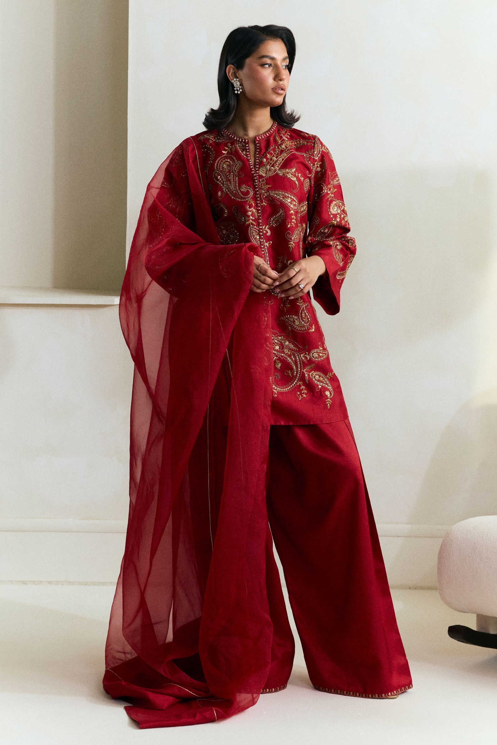 Pakistani Scarlet Red Embroidered Raw Silk Salwar Kameez (3-Piece) - Image 4