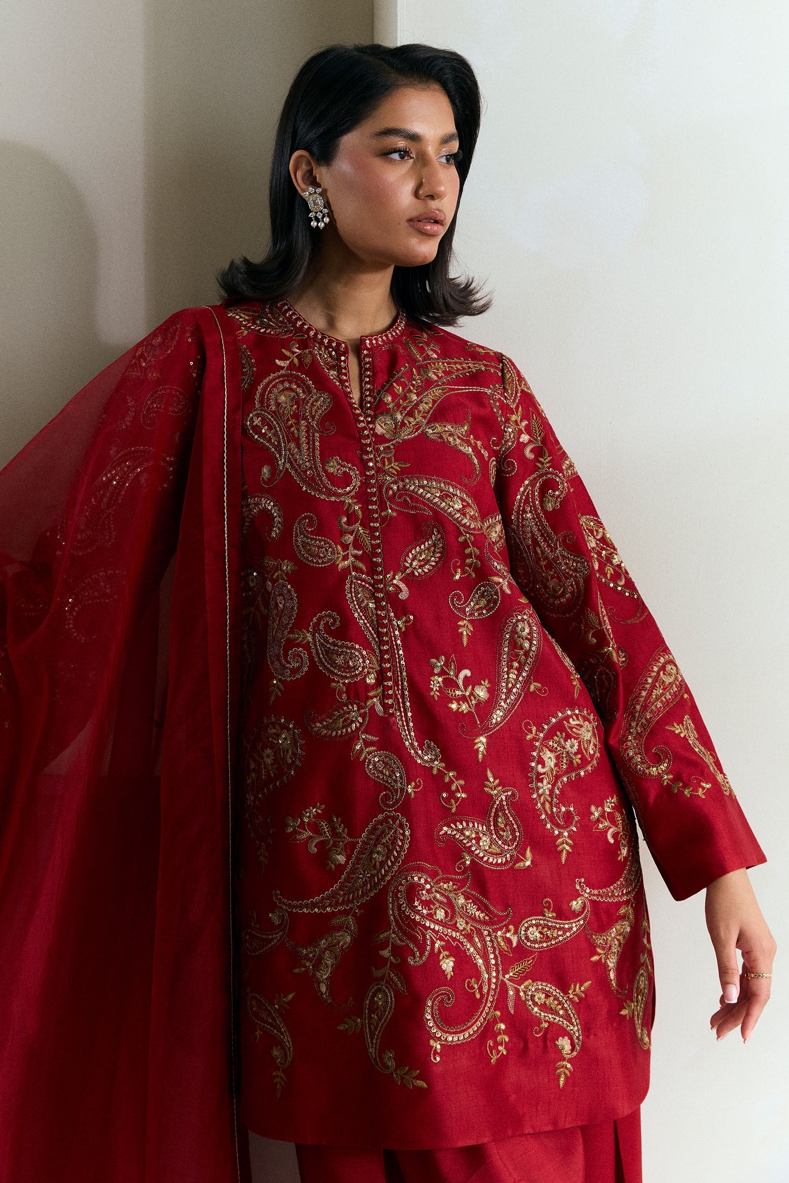 Pakistani Scarlet Red Embroidered Raw Silk Salwar Kameez (3-Piece) - Image 5