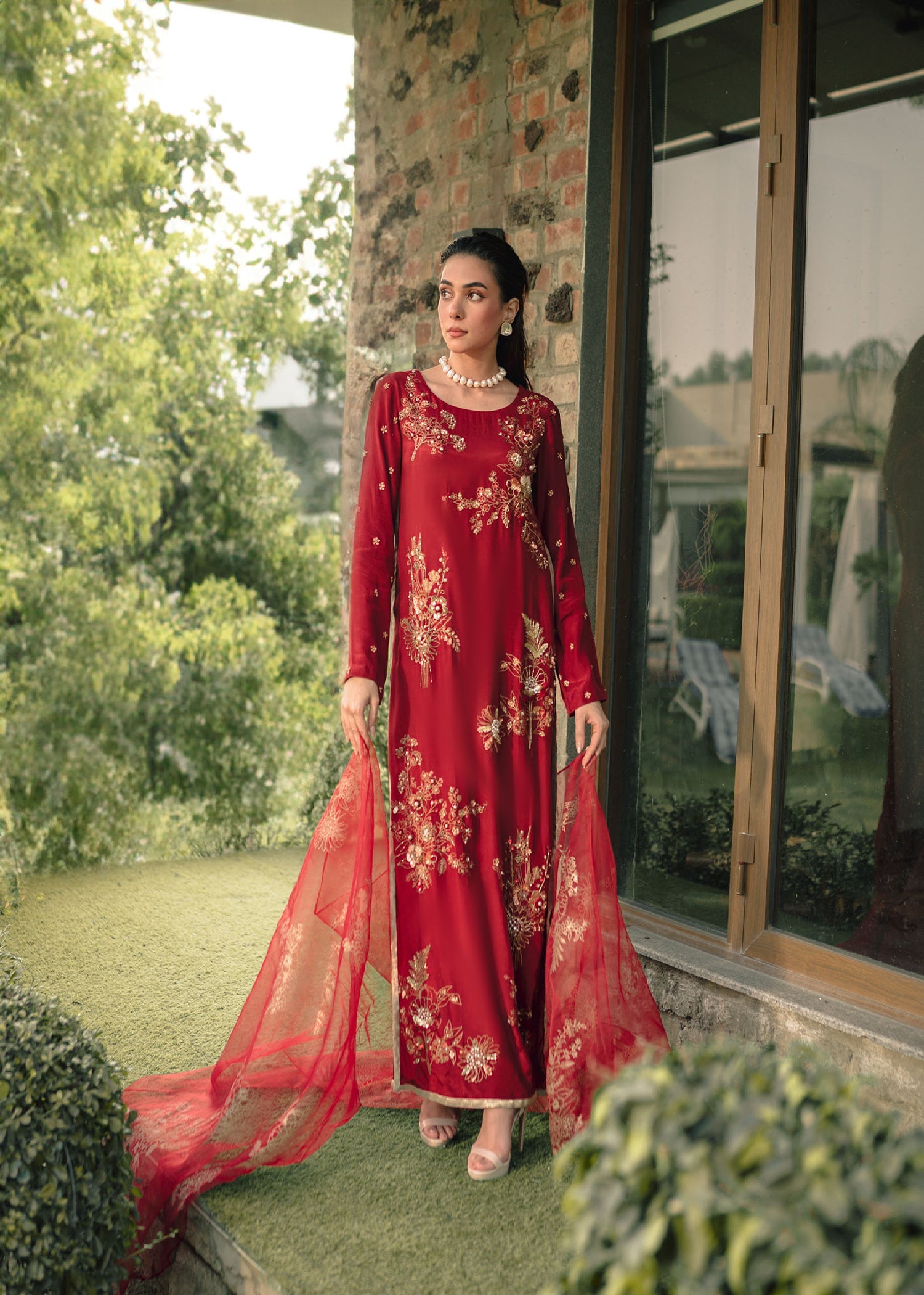 Pakistani Deep Red Embroidered Raw Silk Kurta Set (3-Piece) - Image 1