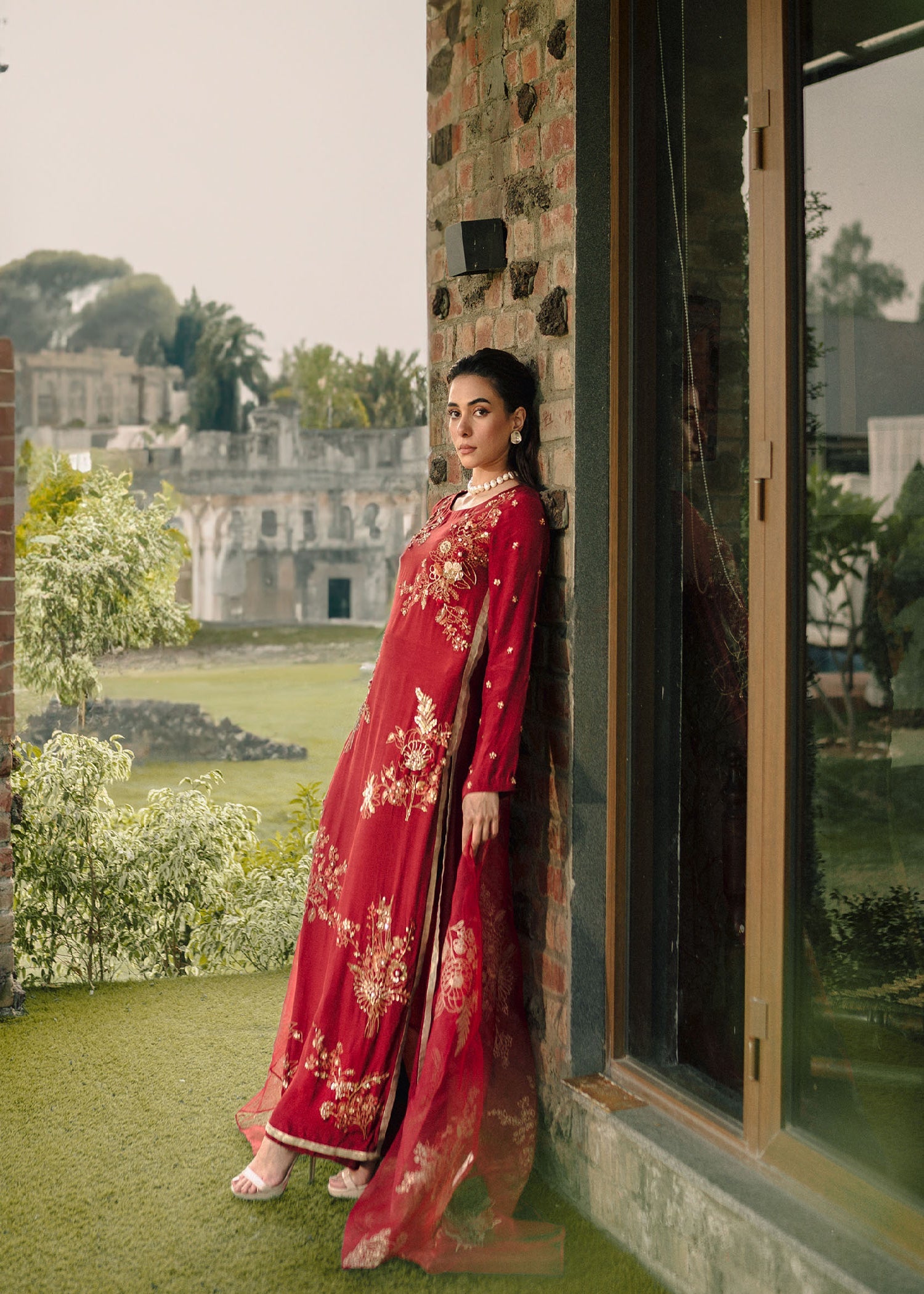 Pakistani Deep Red Embroidered Raw Silk Kurta Set (3-Piece) - Image 2