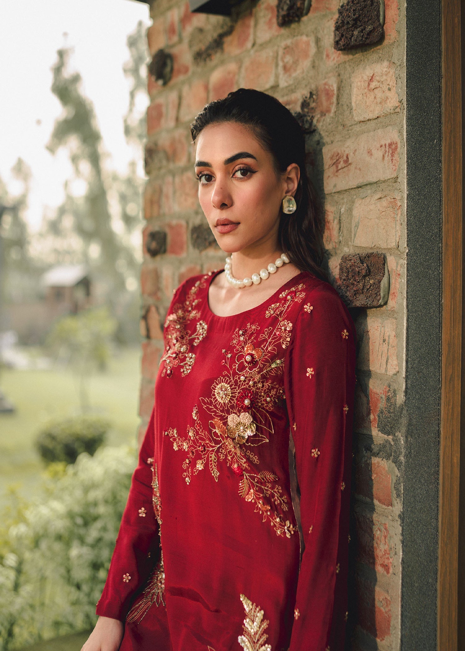 Pakistani Deep Red Embroidered Raw Silk Kurta Set (3-Piece) - Image 3