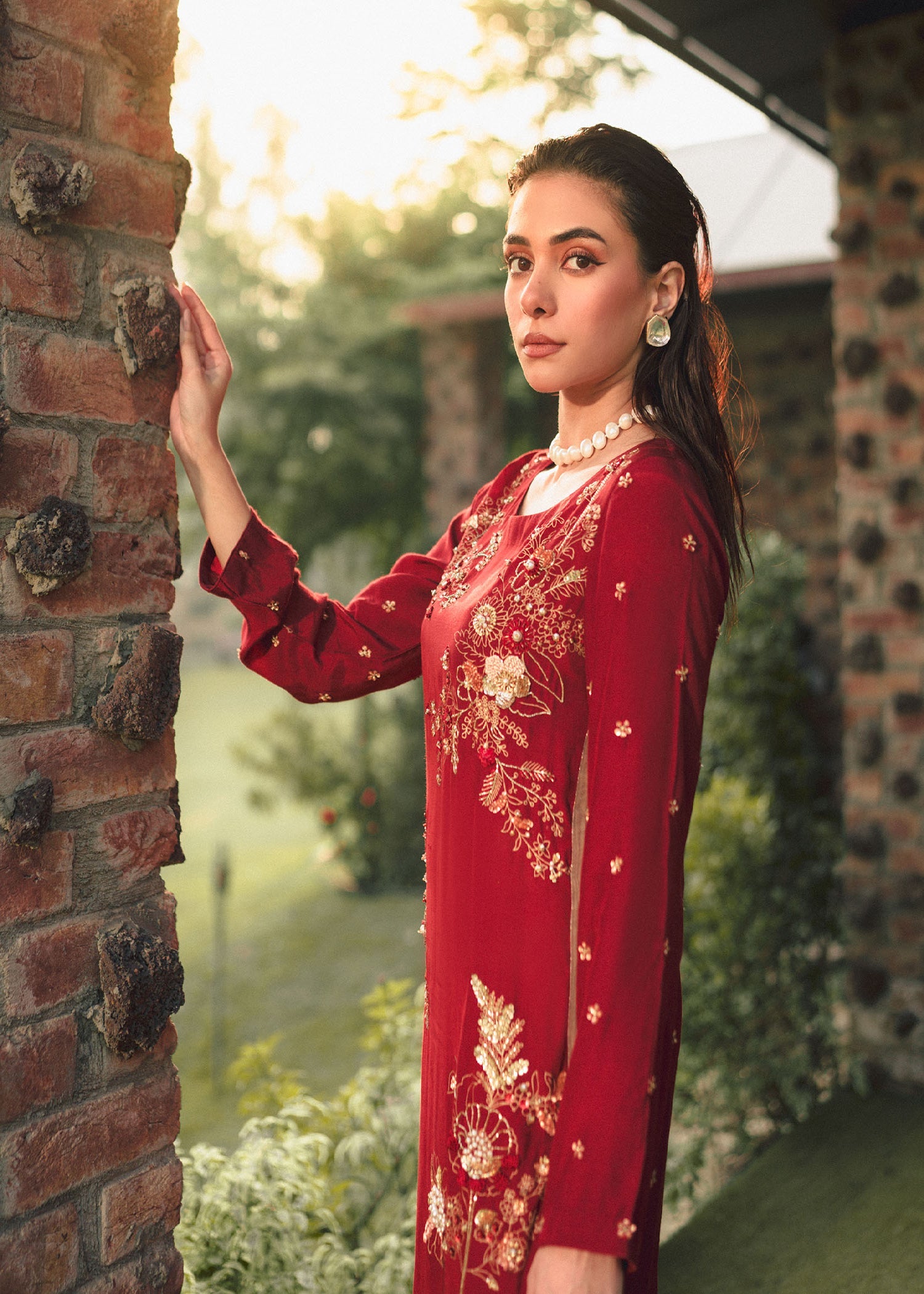 Pakistani Deep Red Embroidered Raw Silk Kurta Set (3-Piece) - Image 4