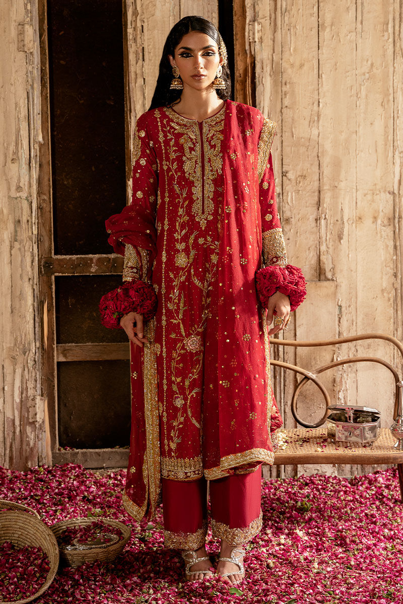 Deep Red Handworked Raw Silk Salwar Kameez (3-Piece) - Image 1