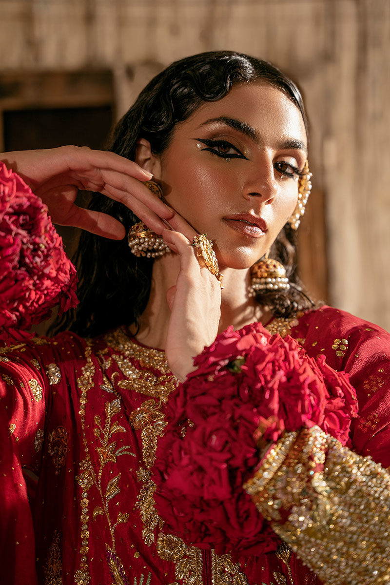 Deep Red Handworked Raw Silk Salwar Kameez (3-Piece) - Image 5