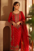 Pakistani Red Embroidered Raw Silk Salwar Kameez (3-Piece) - Image 3