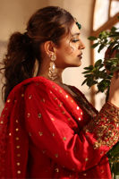 Pakistani Red Embroidered Raw Silk Salwar Kameez (3-Piece) - Image 9