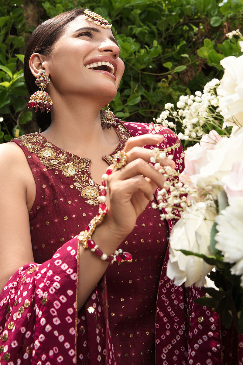 Pakistani Peony Red Kamdani Raw Silk Salwar Kameez (3-Piece) - Image 2