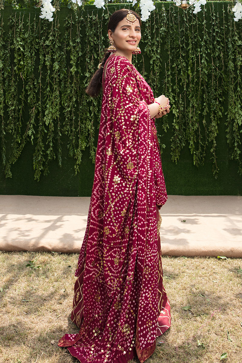 Pakistani Peony Red Kamdani Raw Silk Salwar Kameez (3-Piece) - Image 3