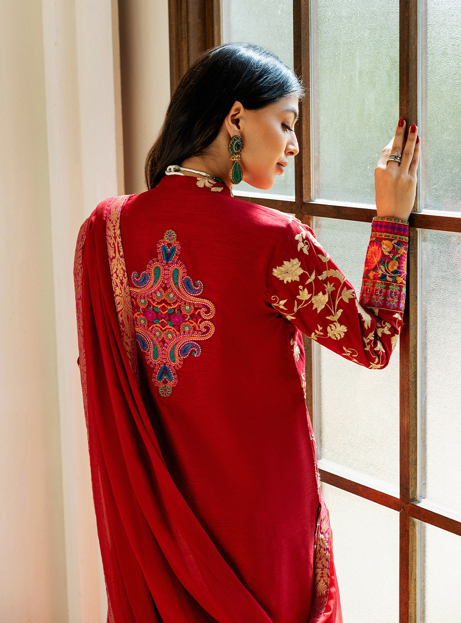 Scarlet Red Kashmiri Embroidered Raw Silk Salwar Kameez (3-Piece) - Image 2