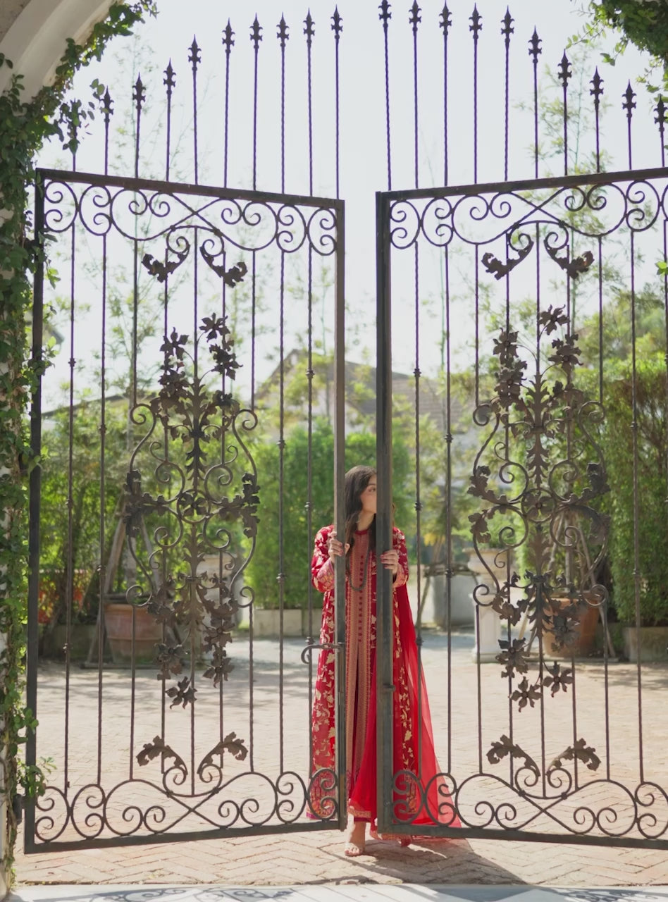 Scarlet Red Kashmiri Embroidered Raw Silk Salwar Kameez (3-Piece) - Image 8