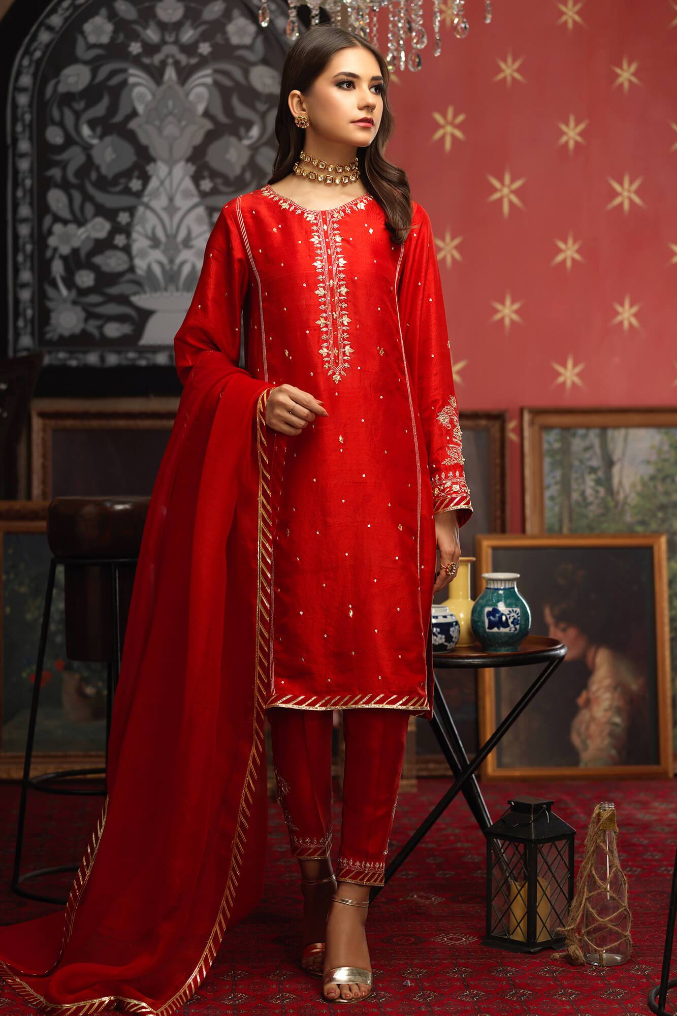 Terracotta Embroidered PK Raw Silk Salwar Kameez (3-Piece) - Image 2