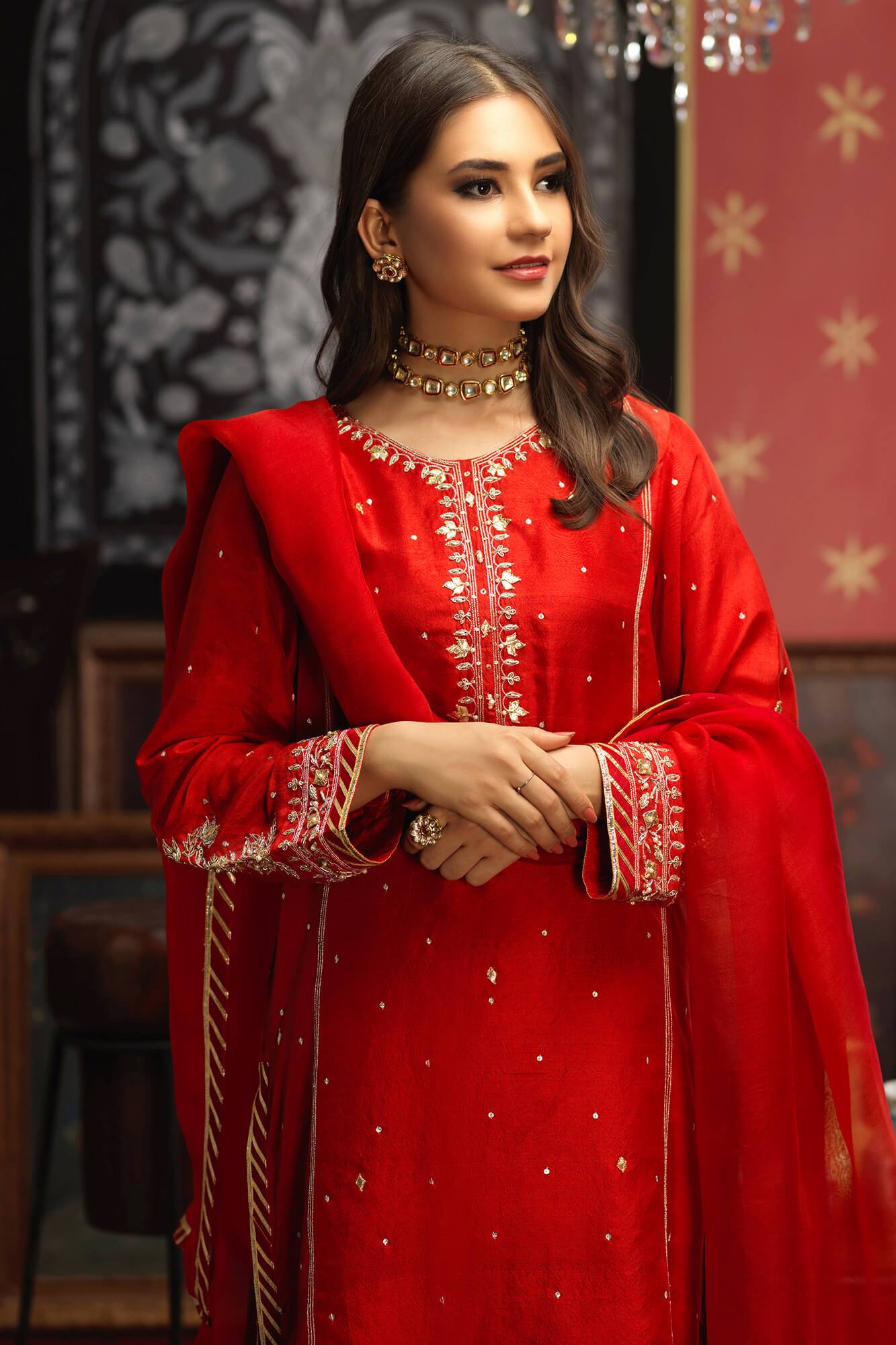 Terracotta Embroidered PK Raw Silk Salwar Kameez (3-Piece) - Image 4