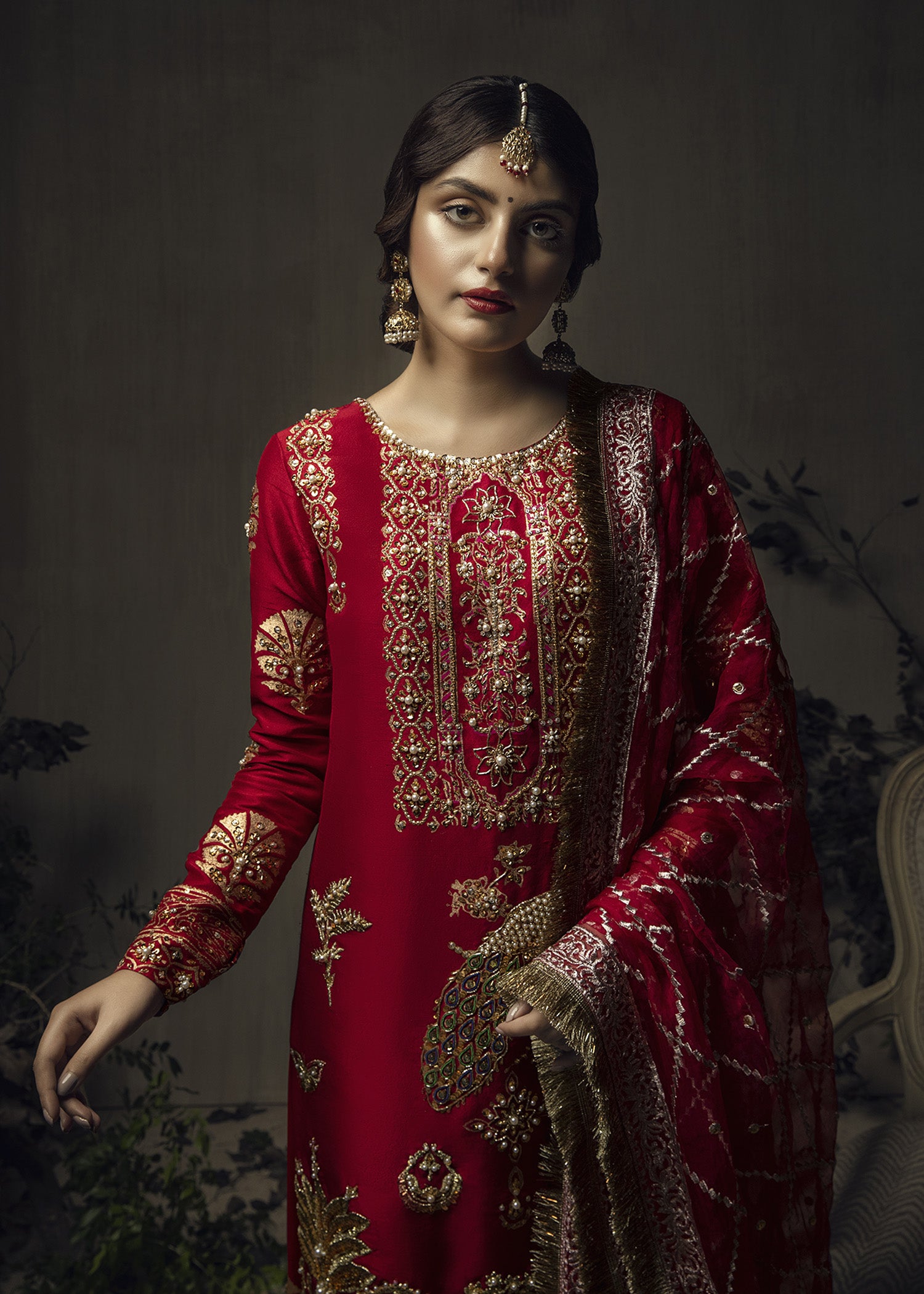 Red Gold Embroidered Raw Silk Salwar Kameez (3-Piece) - Image 2