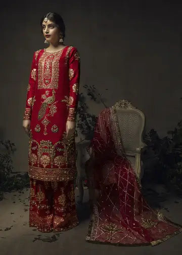 Red Gold Embroidered Raw Silk Salwar Kameez (3-Piece) - Image 1