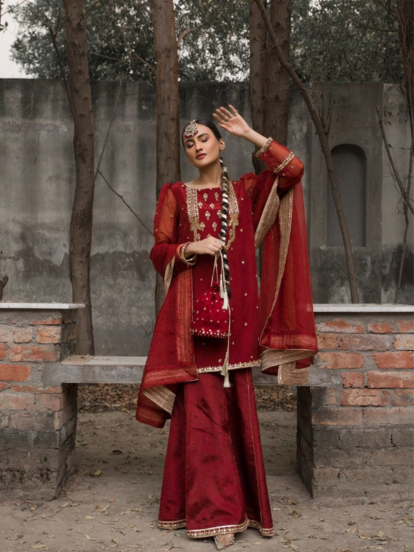 Deep Red Embroidered Raw Silk Salwar Kameez (3-Piece) - Image 1