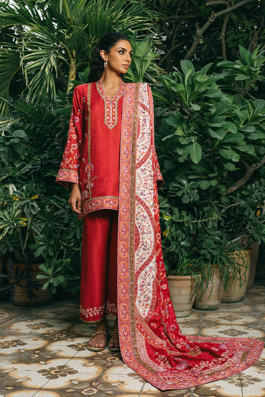 Deep Crimson Embroidered Jamawar & Raw Silk Salwar Kameez (3-Piece) - Image 1
