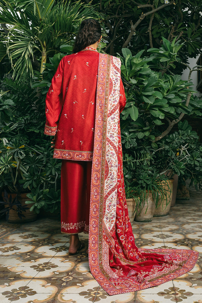 Deep Crimson Embroidered Jamawar & Raw Silk Salwar Kameez (3-Piece) - Image 2