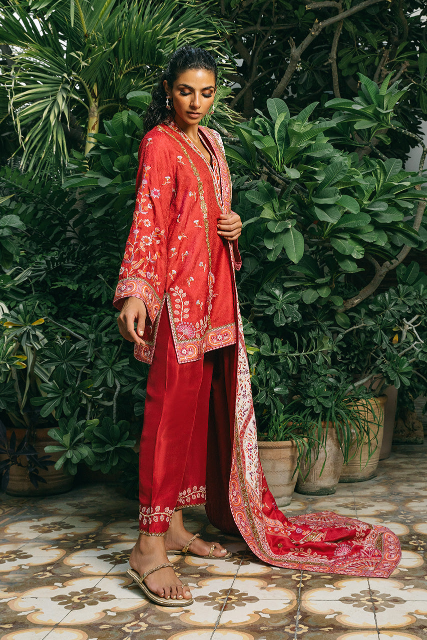 Deep Crimson Embroidered Jamawar & Raw Silk Salwar Kameez (3-Piece) - Image 4