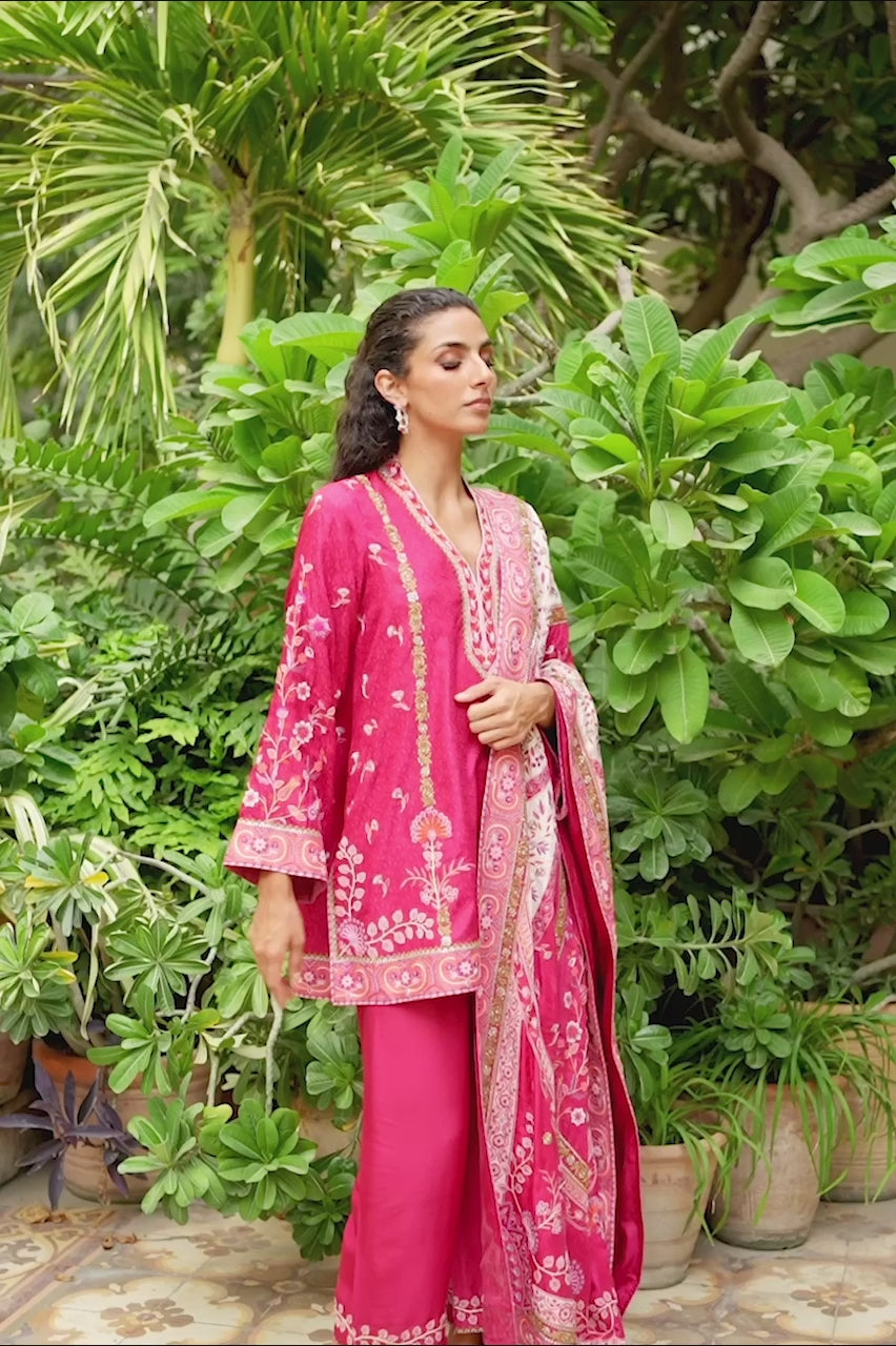 Deep Crimson Embroidered Jamawar & Raw Silk Salwar Kameez (3-Piece) - Image 5