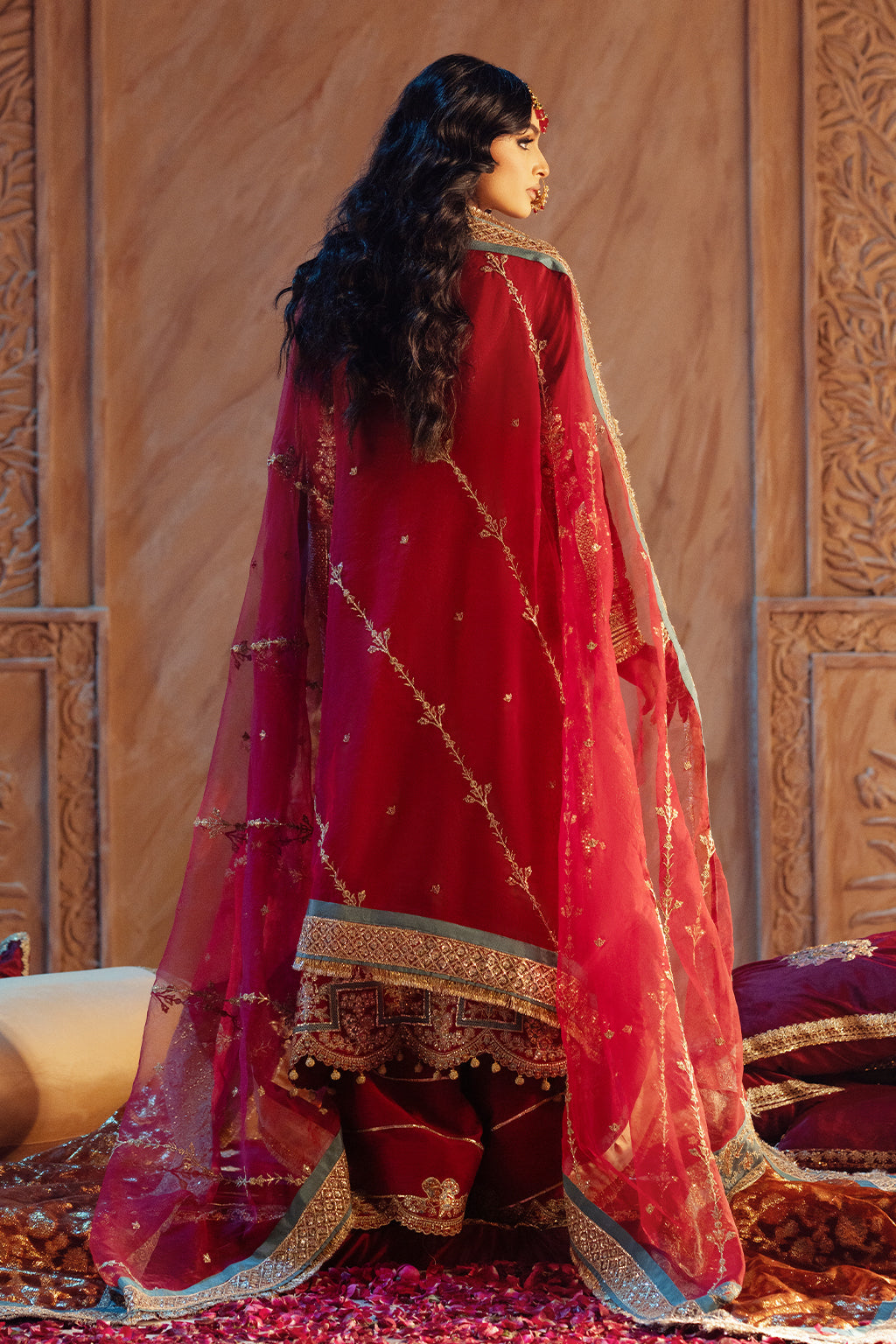 Deep Red Embroidered Raw Silk Salwar Kameez (3-Piece) - Image 2