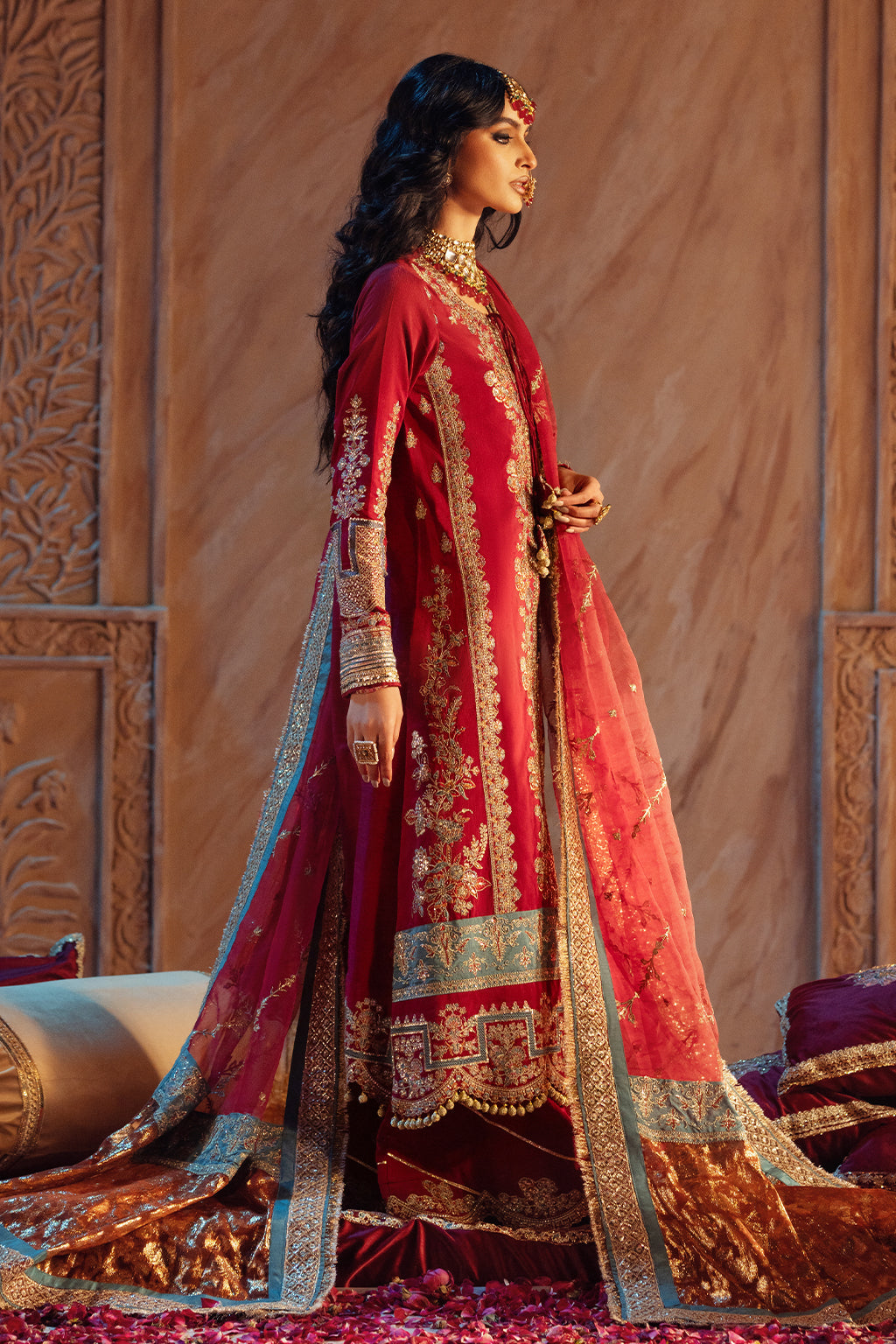 Deep Red Embroidered Raw Silk Salwar Kameez (3-Piece) - Image 3