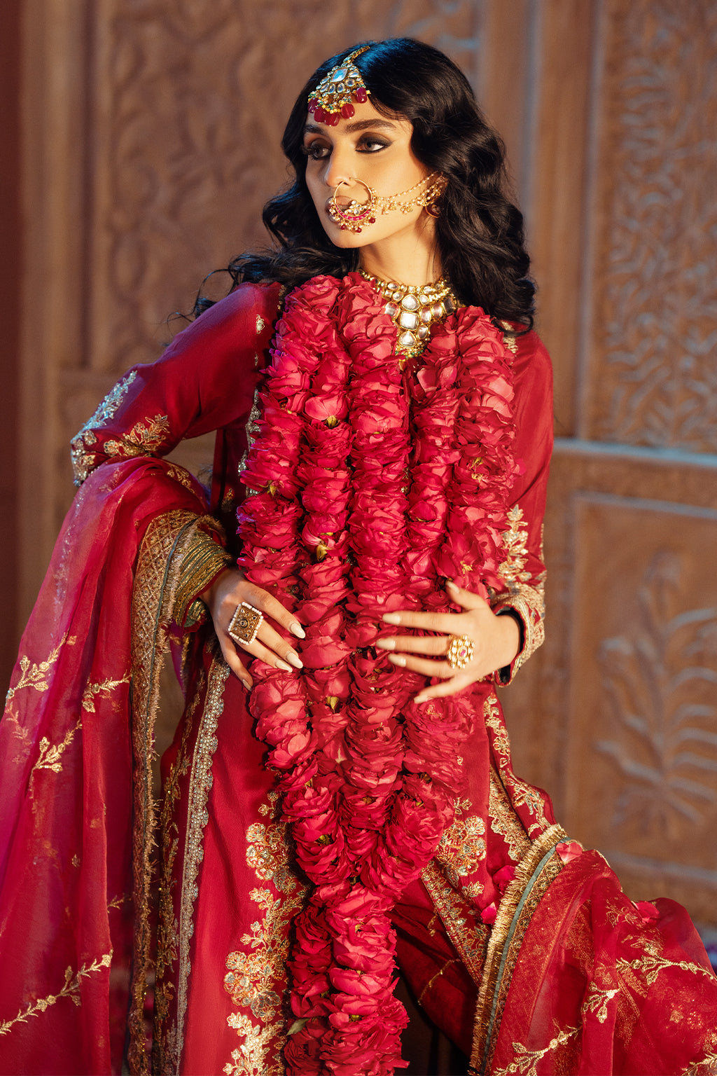 Deep Red Embroidered Raw Silk Salwar Kameez (3-Piece) - Image 4