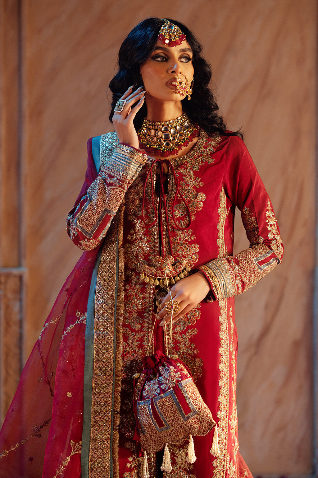 Deep Red Embroidered Raw Silk Salwar Kameez (3-Piece) - Image 5