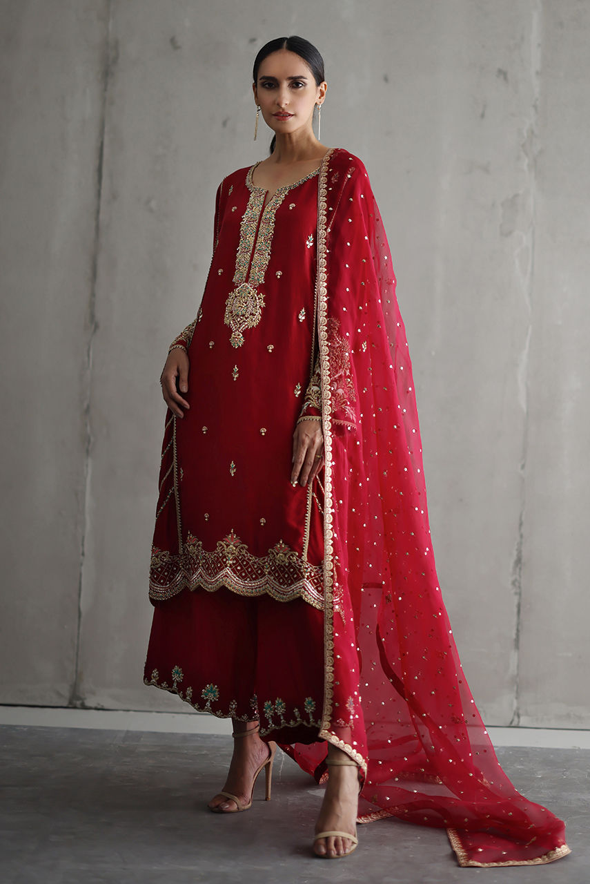 Pakistani Red Hand-Embroidered Raw Silk Salwar Kameez (3-Piece) - Image 1