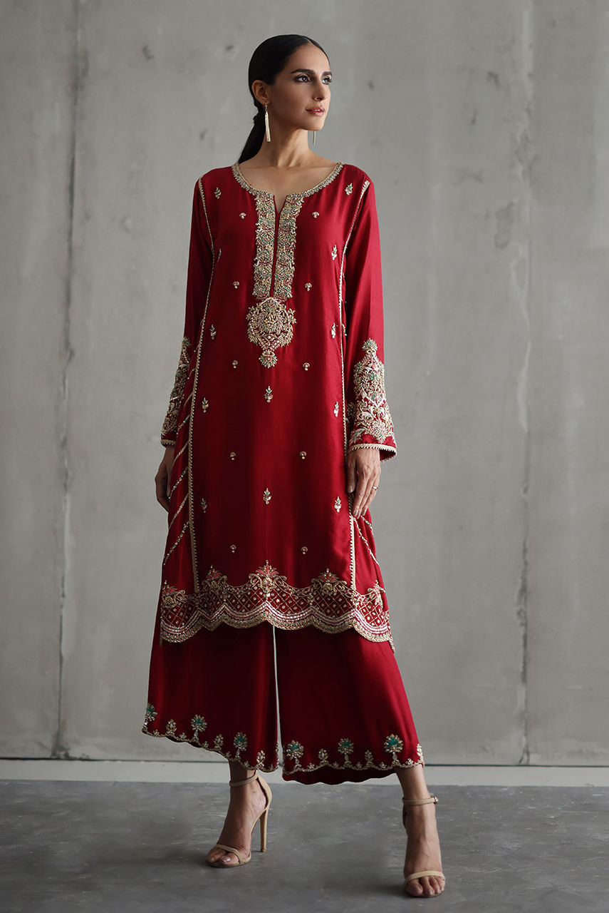 Pakistani Red Hand-Embroidered Raw Silk Salwar Kameez (3-Piece) - Image 2