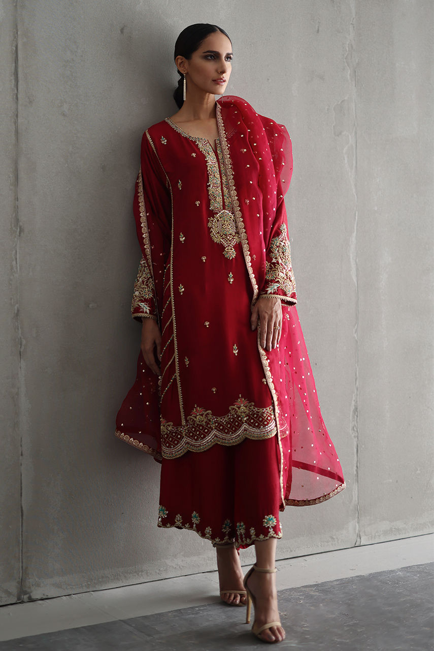 Pakistani Red Hand-Embroidered Raw Silk Salwar Kameez (3-Piece) - Image 3