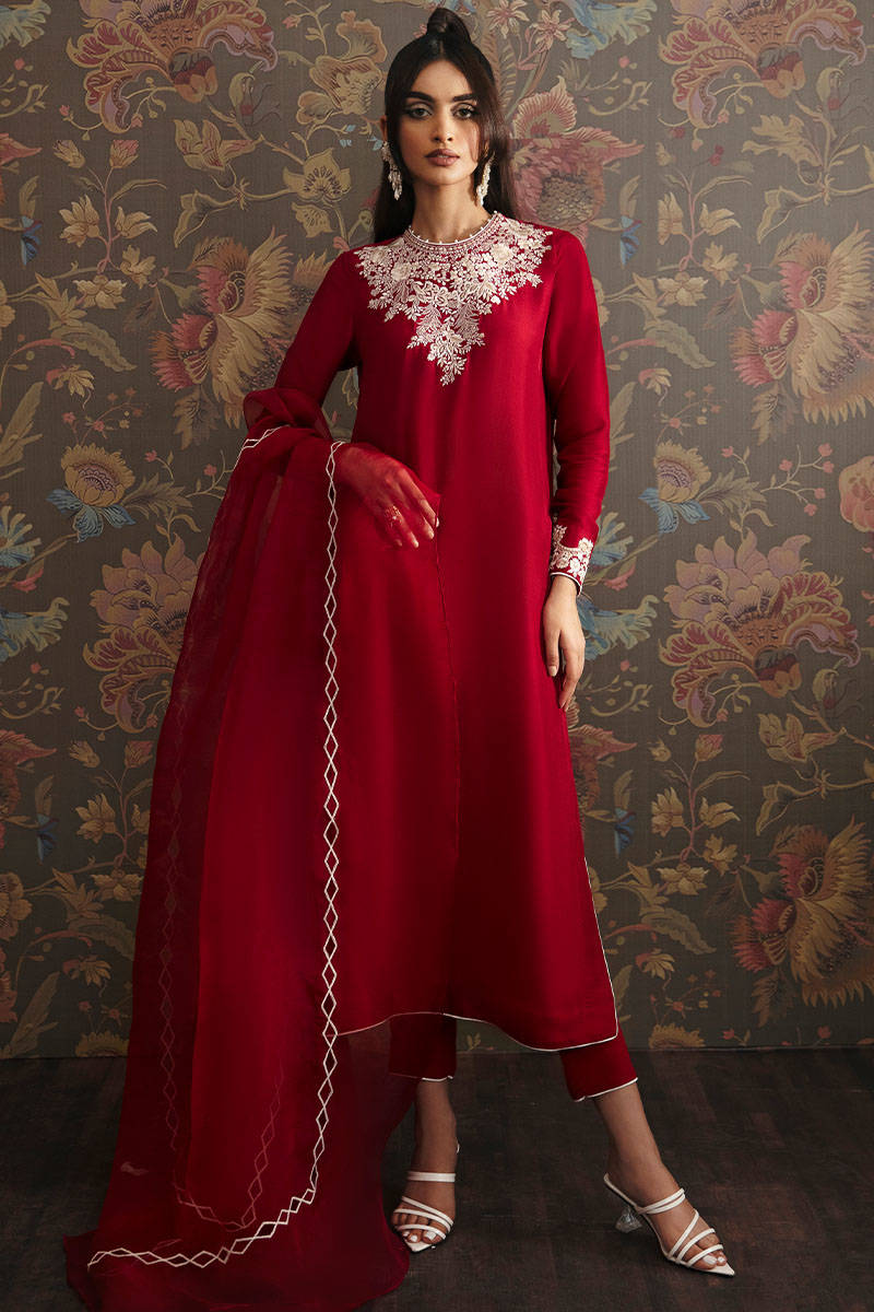 Deep Red Embroidered Raw Silk Salwar Kameez (3-Piece) - Image 1
