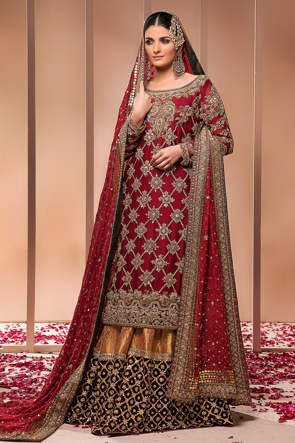 Pakistani Red Embroidered Raw Silk Bridal Shirt (3-Piece) - Image 1