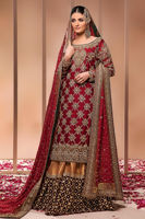 Pakistani Red Embroidered Raw Silk Bridal Shirt (3-Piece) - Image 2