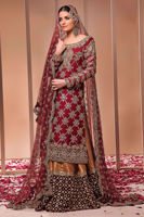 Pakistani Red Embroidered Raw Silk Bridal Shirt (3-Piece) - Image 7