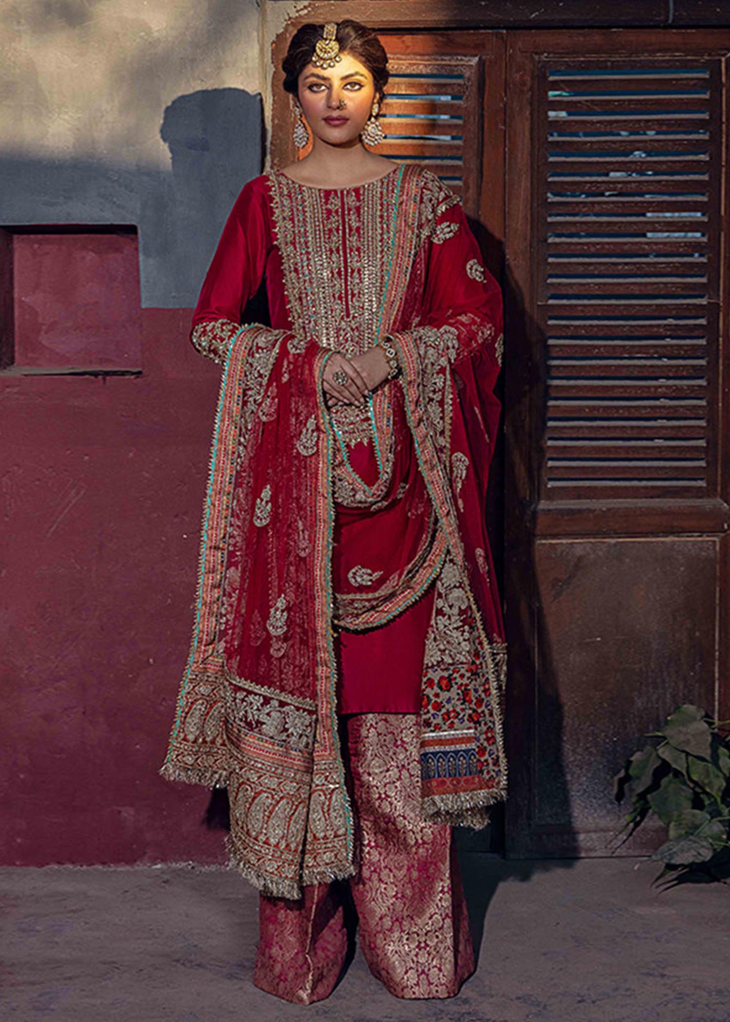 Pakistani Red Embroidered Raw Silk Salwar Kameez (3-Piece) - Image 1