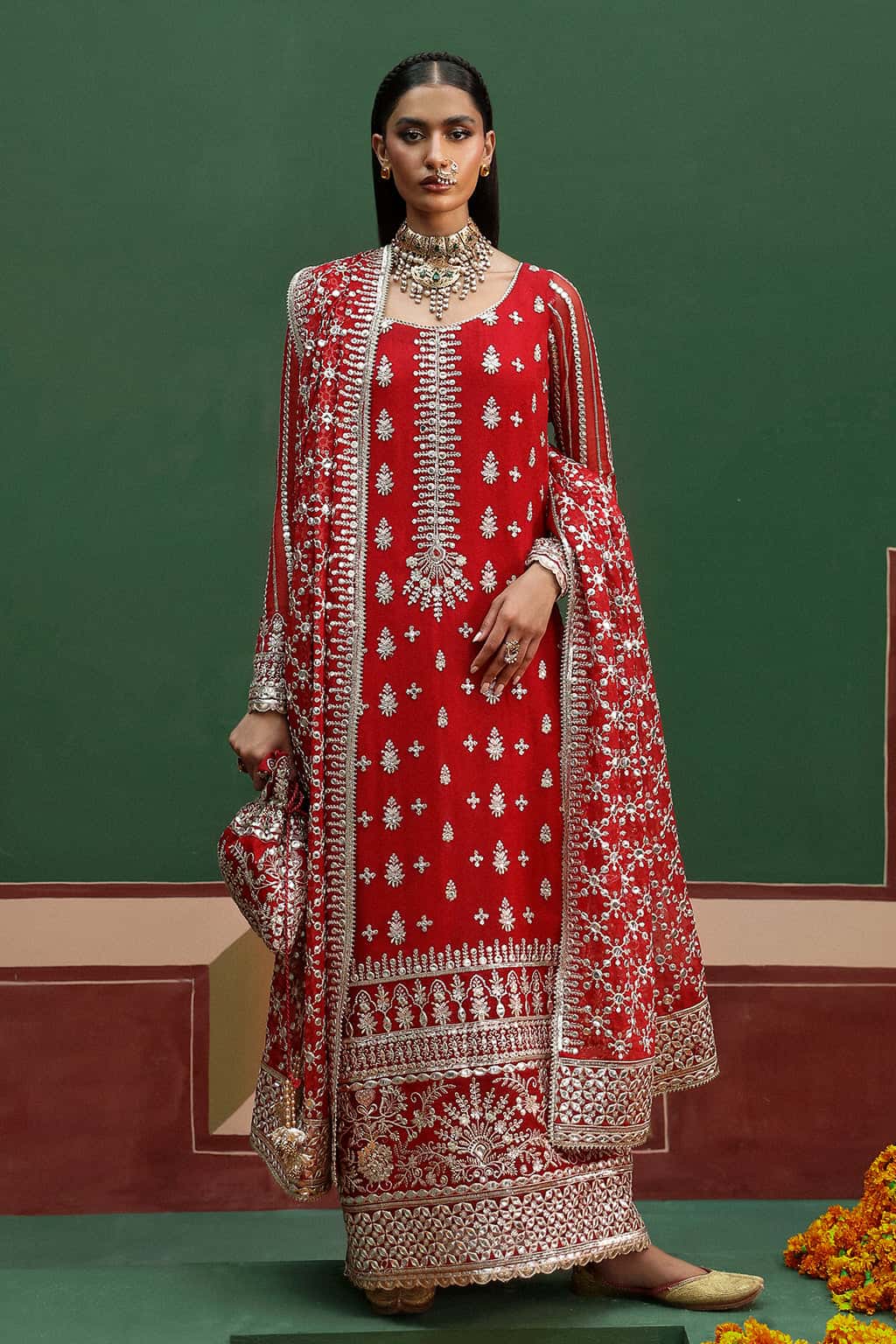 Pakistani Red Embroidered Chiffon & Raw Silk Salwar Kameez (3-Piece) - Image 1