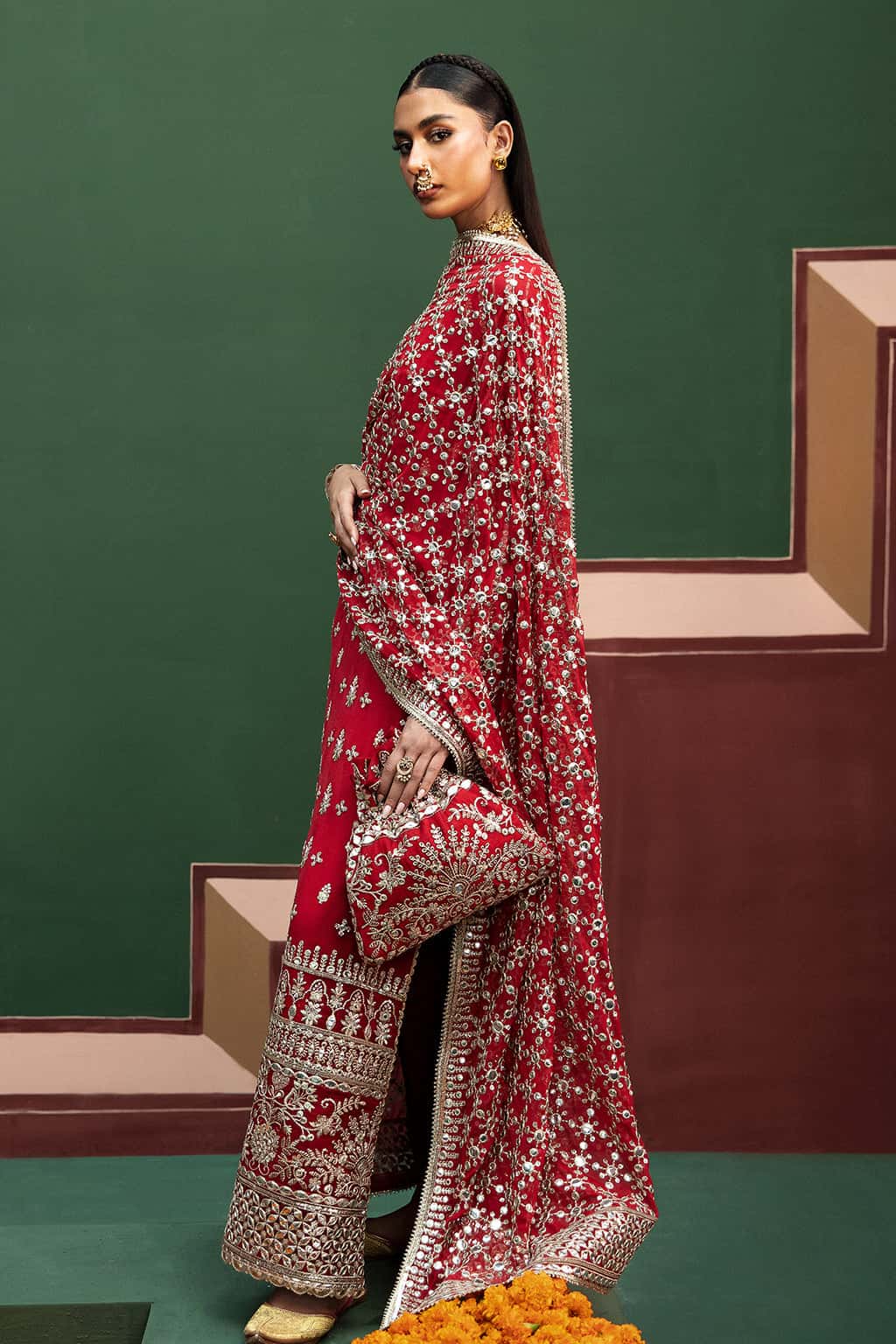Pakistani Red Embroidered Chiffon & Raw Silk Salwar Kameez (3-Piece) - Image 3