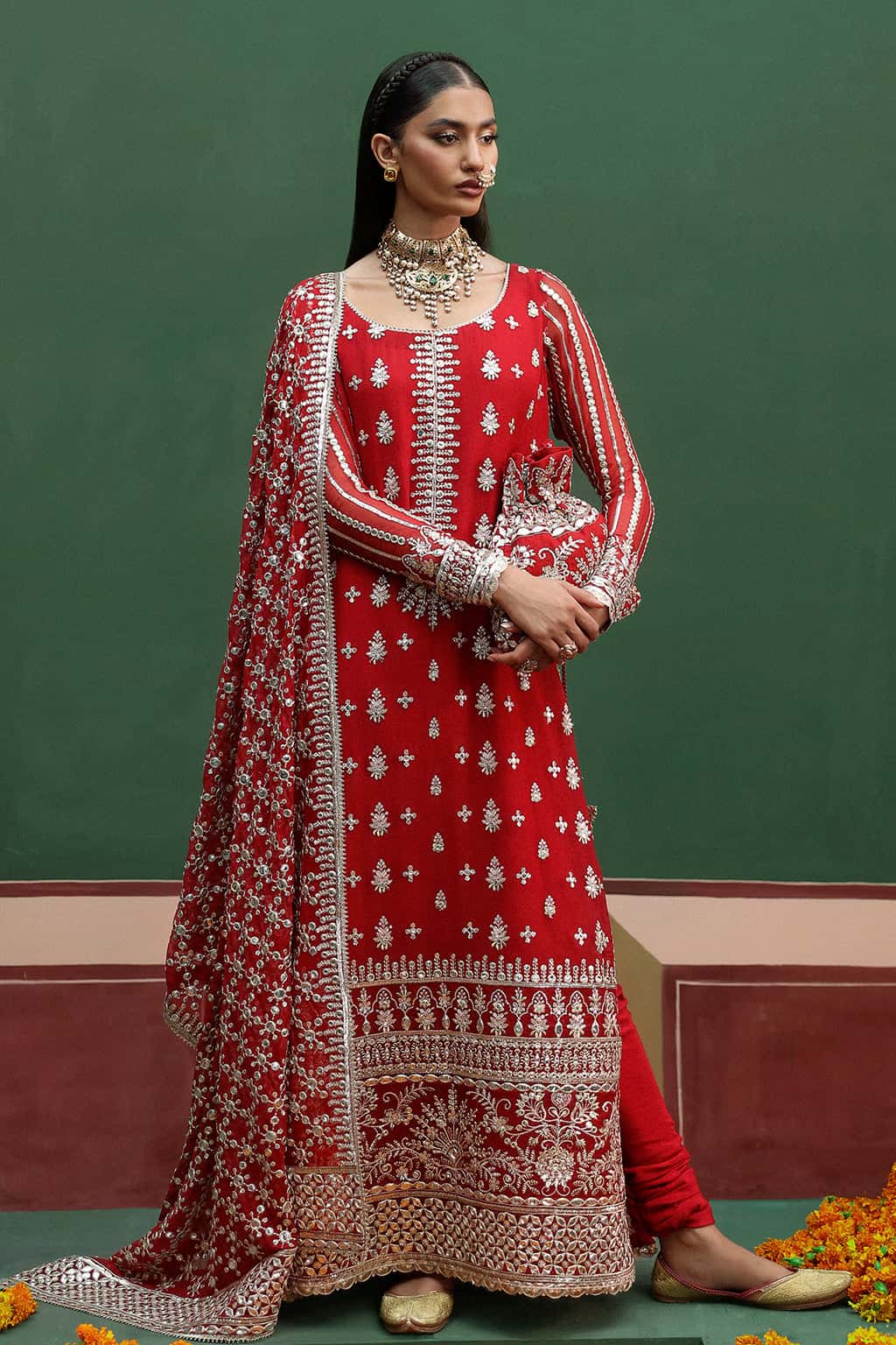 Pakistani Red Embroidered Chiffon & Raw Silk Salwar Kameez (3-Piece) - Image 4