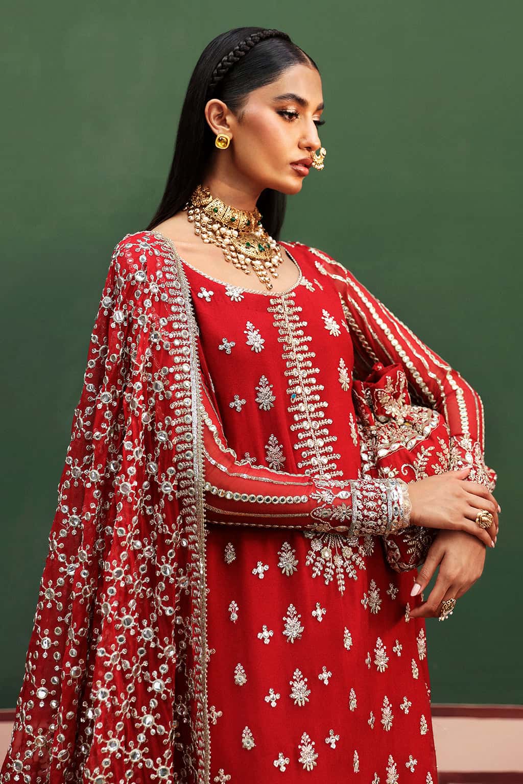 Pakistani Red Embroidered Chiffon & Raw Silk Salwar Kameez (3-Piece) - Image 5