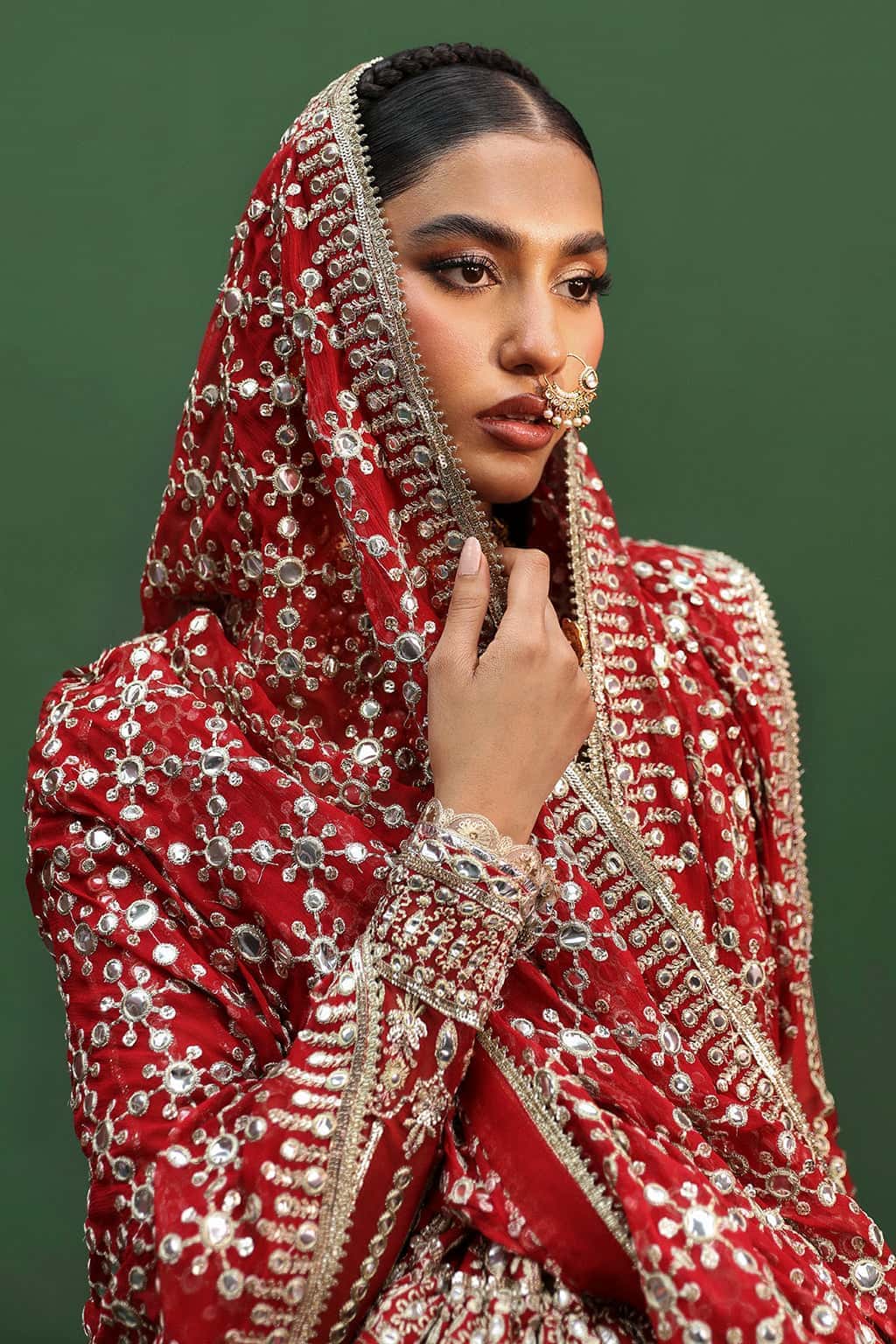 Pakistani Red Embroidered Chiffon & Raw Silk Salwar Kameez (3-Piece) - Image 6