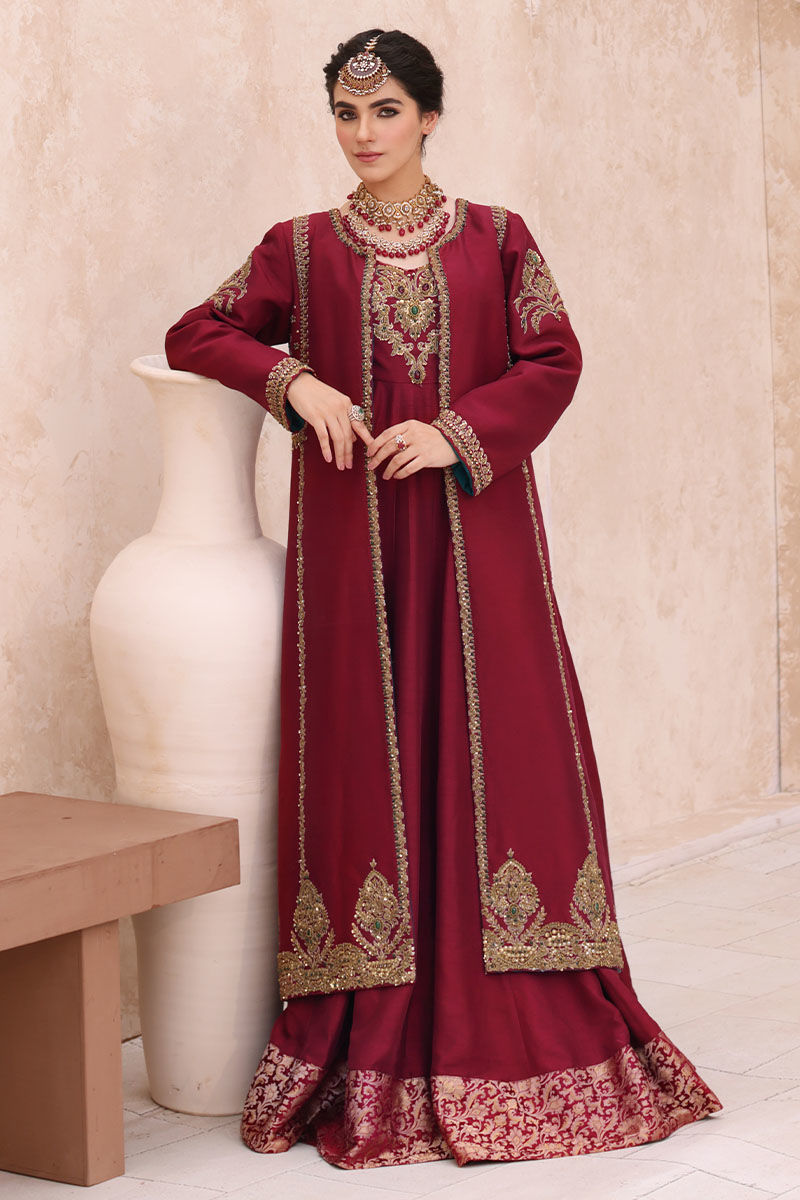 Red Hand-Embellished Raw Silk Long Jacket (2-Piece) - Image 1