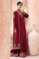 Red Hand-Embellished Raw Silk Long Jacket (2-Piece) - Image 5