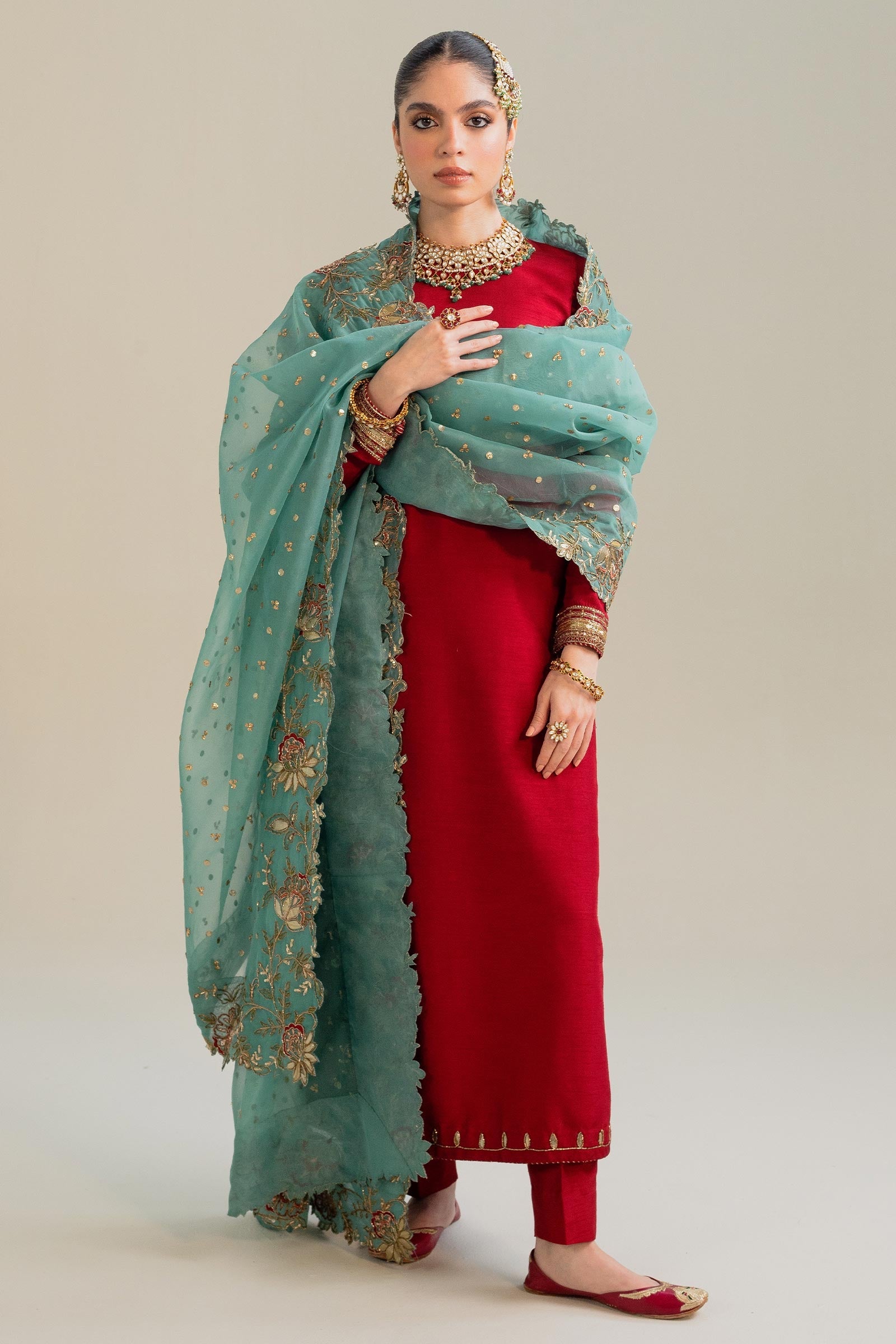 Pakistani Vibrant Red Zardozi Raw Silk Salwar Kameez (3-Piece) - Image 1