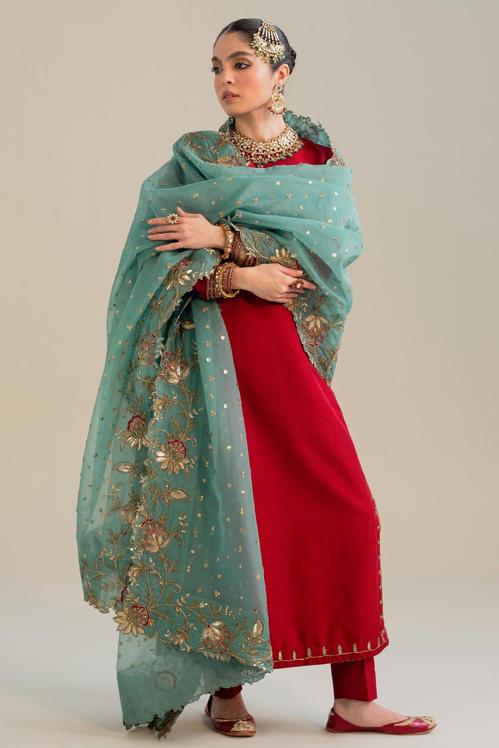 Pakistani Vibrant Red Zardozi Raw Silk Salwar Kameez (3-Piece) - Image 4