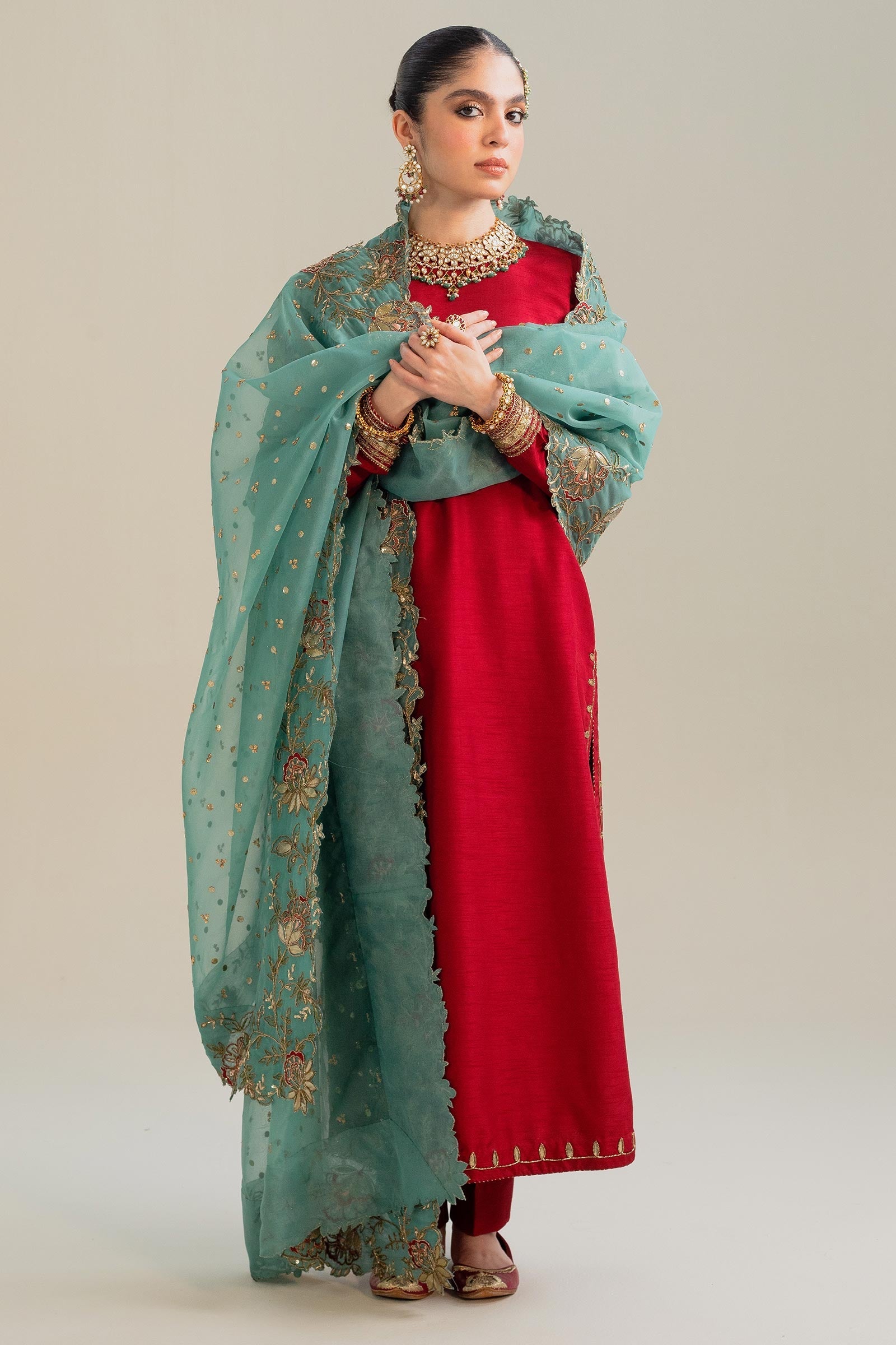 Pakistani Vibrant Red Zardozi Raw Silk Salwar Kameez (3-Piece) - Image 5