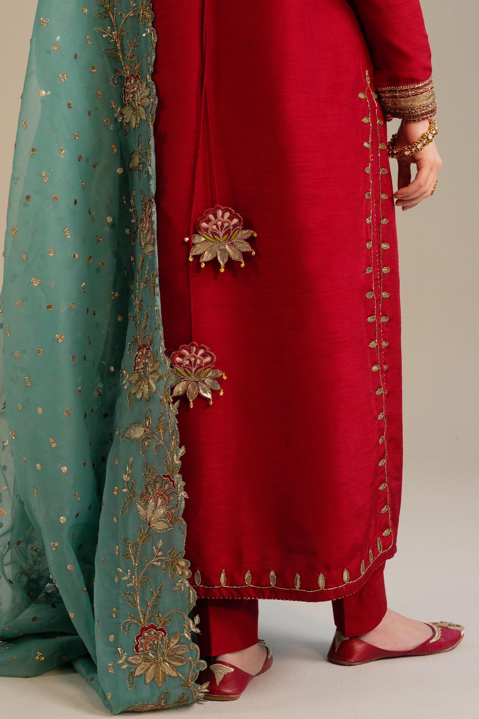 Pakistani Vibrant Red Zardozi Raw Silk Salwar Kameez (3-Piece) - Image 7