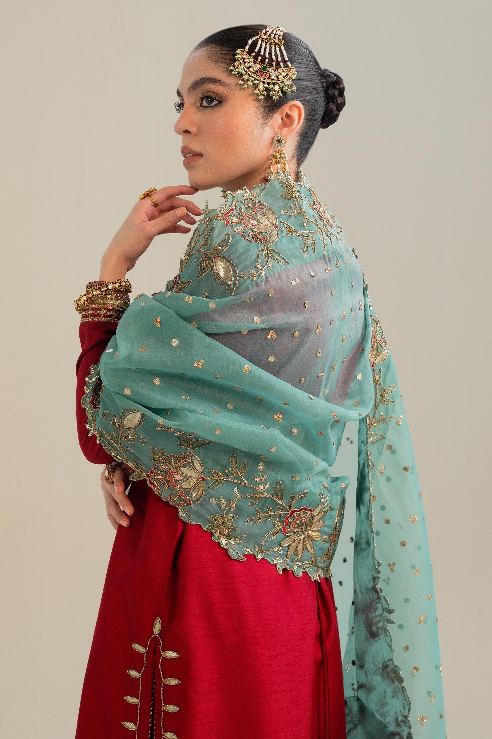 Pakistani Vibrant Red Zardozi Raw Silk Salwar Kameez (3-Piece) - Image 8