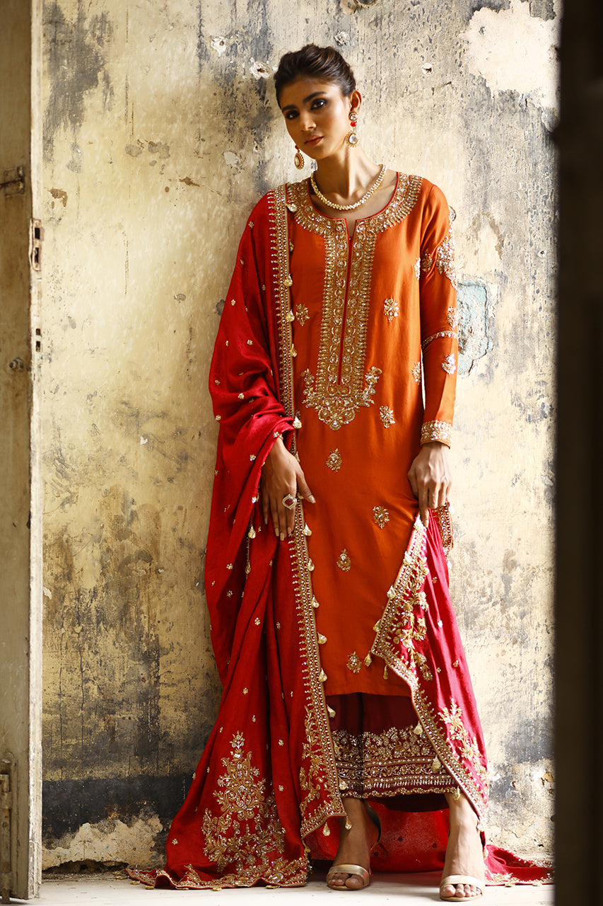 Rust Marori Gota Zardozi Raw Silk Salwar Kameez (3-Piece) - Image 1